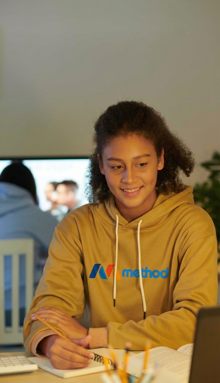 Teenager doing homework yellow method hoodie